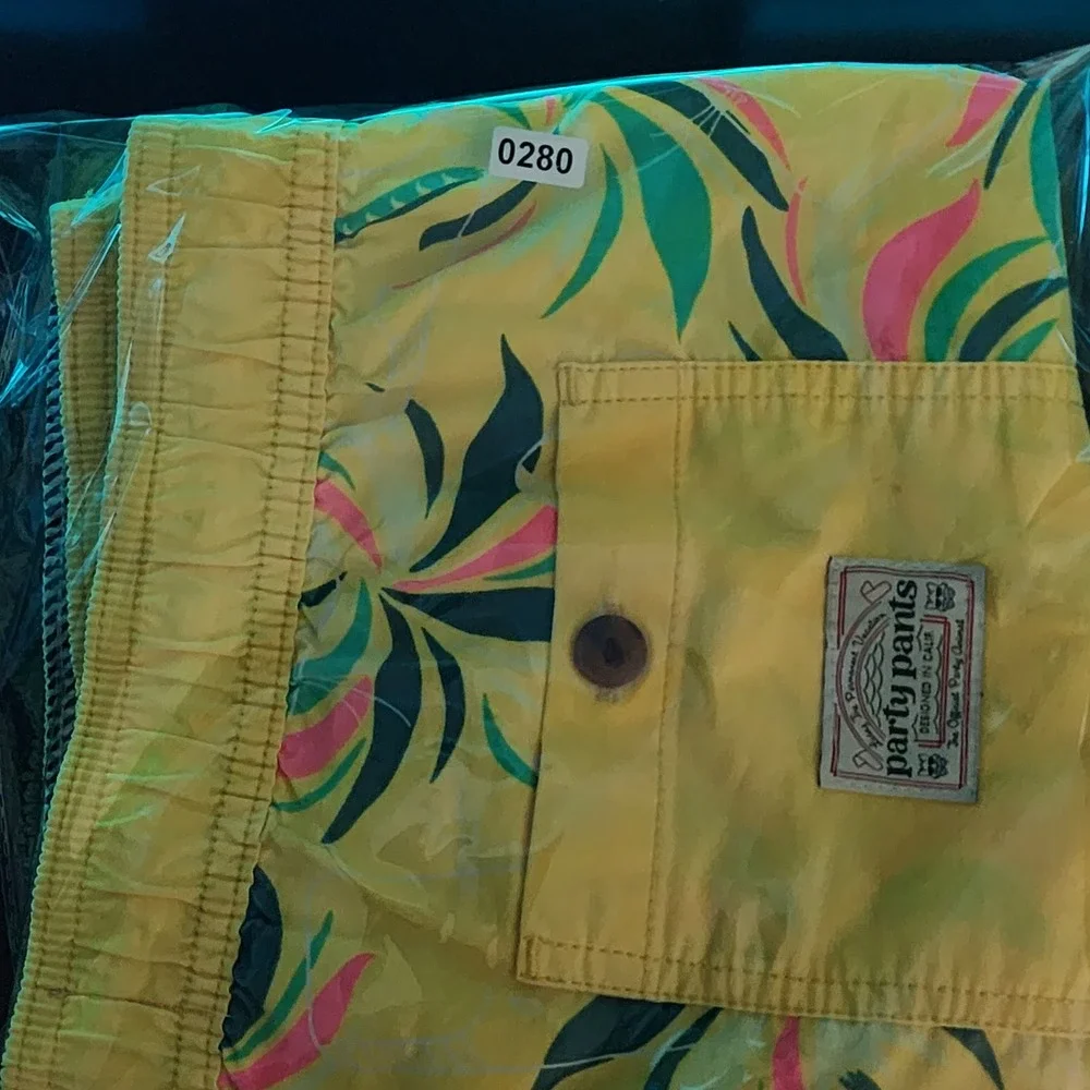 Party Pants Swim Trunks Mens Large Yellow Tropical‎ Palm Print Excellent